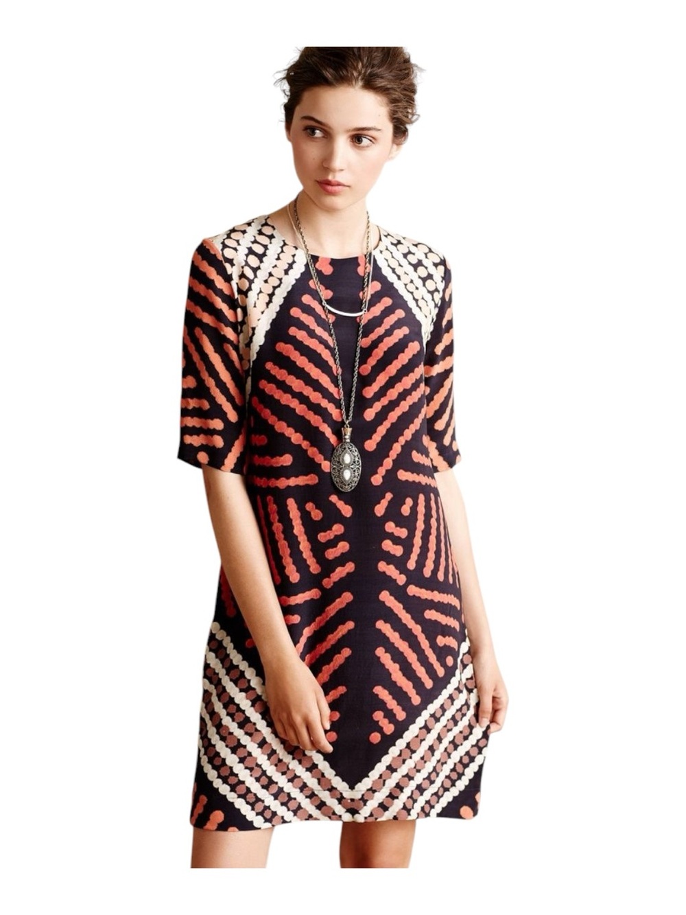Black Shift Dress with Coral Dot Pattern